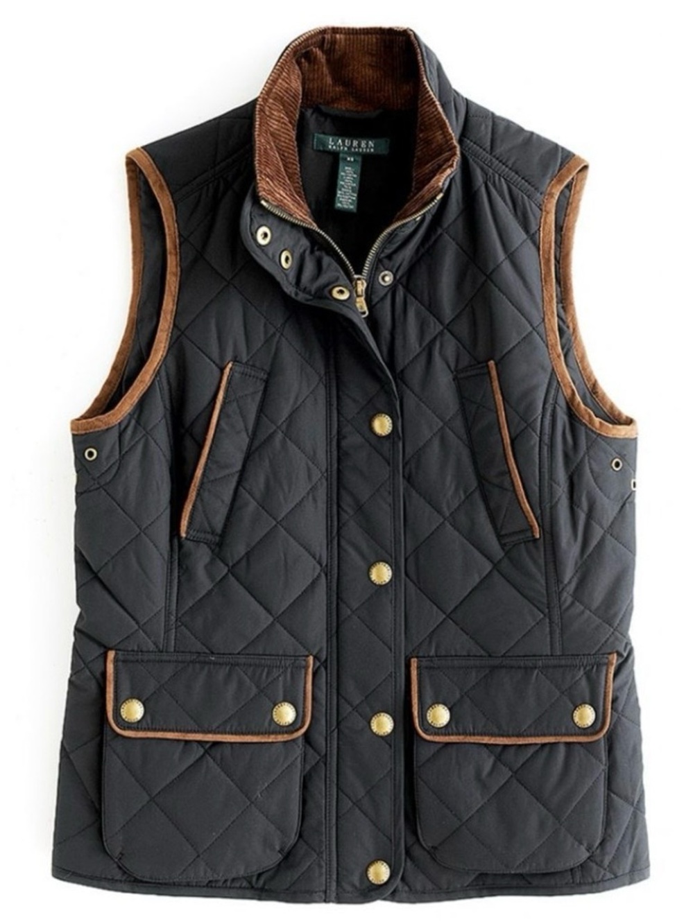 Lauren Ralph Lauren Black Quilted Vest with Brown Trim